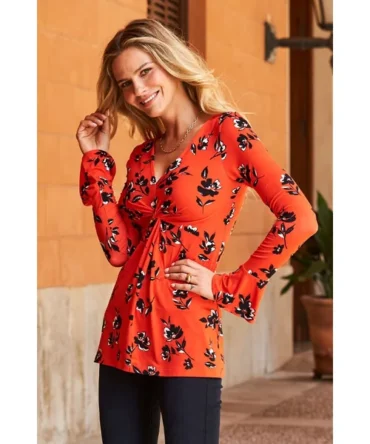 Red & Black Floral Print Twist Front Jersey Top