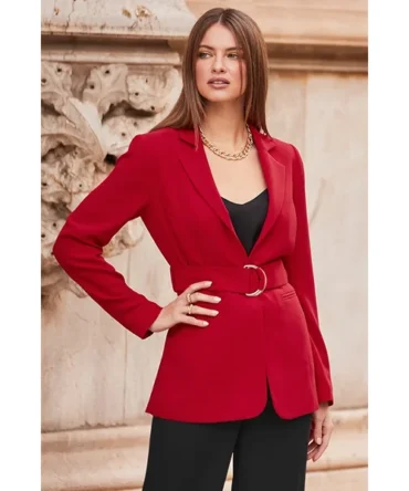 Red D Ring Belted Blazer