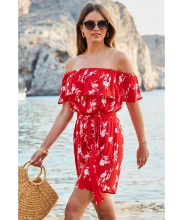Red Floral Print Ruffle Detail Bardot Playsuit