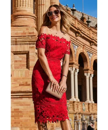 Red Premium Body-Sculpting Lace Bardot Dress