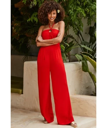 Red Ring Detail Halter Neck Jumpsuit