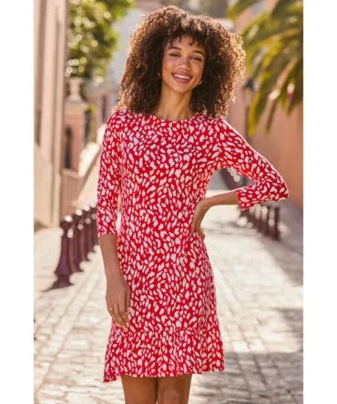 Red & White Fleck Print Jersey Shift Dress