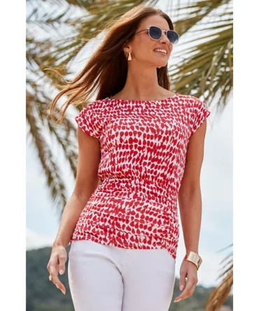 Red & White Spot Print Ruched Waist Top
