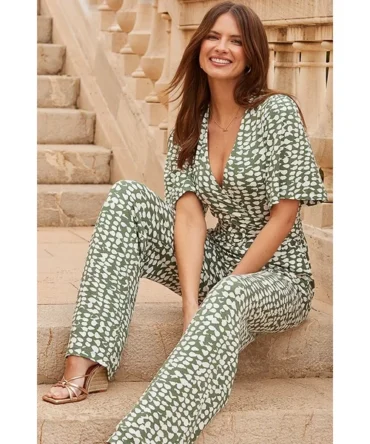 Sage Green & Ivory Geometric Spot Print Belted Jumpsuit