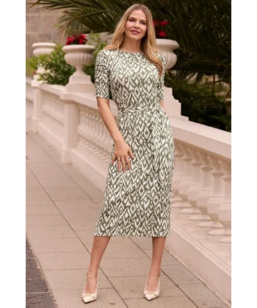 Sage Green & White Aztec Print Tie Waist Midi Dress