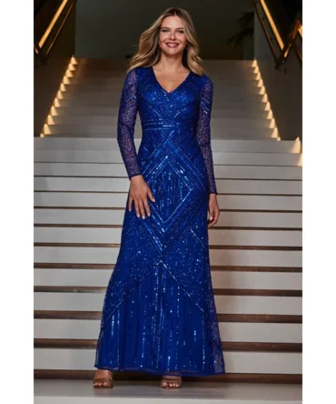 Sapphire Blue Premium Embellished Sequin Maxi Dress
