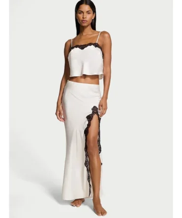 Satin Lace-Trim Cropped Top & Slip Skirt Set