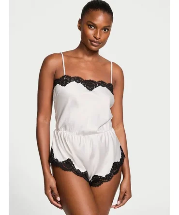 Satin Lace-Trim Romper