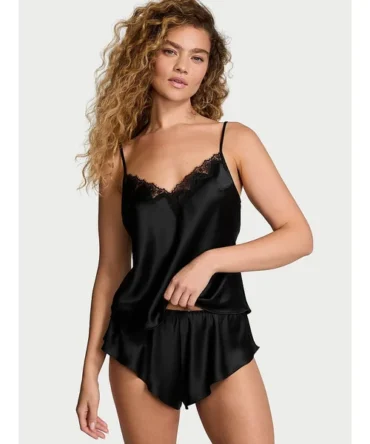 Satin Rose Lace-Trim Cami & Flutter Short Set