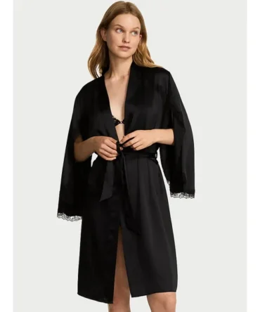 Satin Rose Lace-Trim Midi Robe