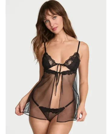 Sheer Rose Lace Triangle Babydoll Set