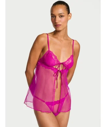 Sheer Rose Lace Triangle Babydoll Set