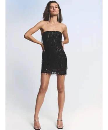 Showgirl Sequin Fringe Strapless Party Dress
