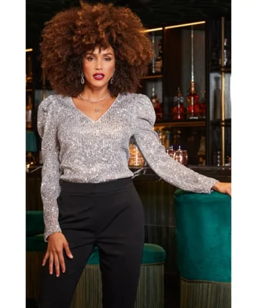 Silver Luxe Sequin Gathered Sleeve Top