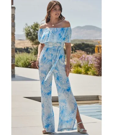 Sky Blue Palm Print Bardot Jumpsuit