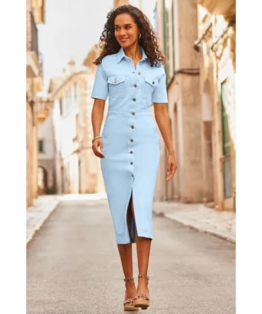 Soft Blue Denim Midi Dress With Pockets