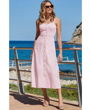 Soft Pink Denim Fit & Flare Midi Multiway Dress