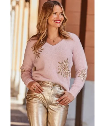 Soft Pink Fluffy Knit Sequin Snowflake Jumper