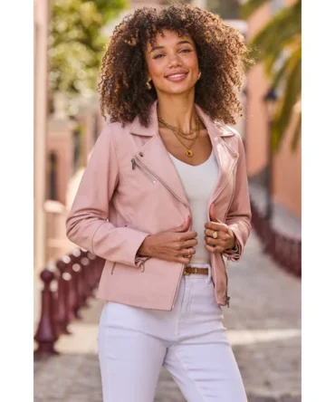 Soft Pink Leather Biker Jacket