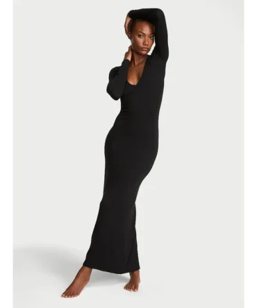 SoSoft™ Modal Ribbed Deep-V Long-Sleeve Maxi Dress