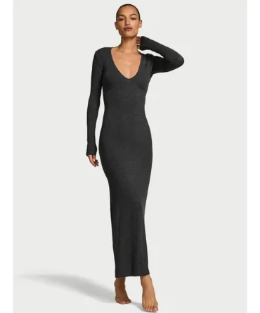 SoSoft™ Modal Ribbed Deep-V Long-Sleeve Maxi Dress
