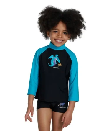 Speedo Boys Long Sleeve Printed Rash Top - Black/Blue