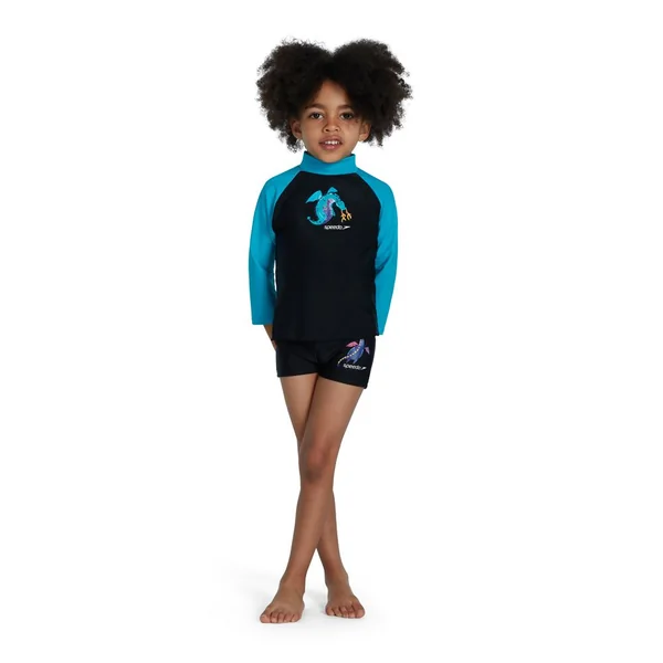 Speedo Boys Long Sleeve Printed Rash Top - Black/Blue