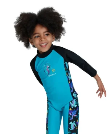 Speedo Boys Printed Panel Long Sleeve All-In-One Sun Suit - Blue/Black/Multi