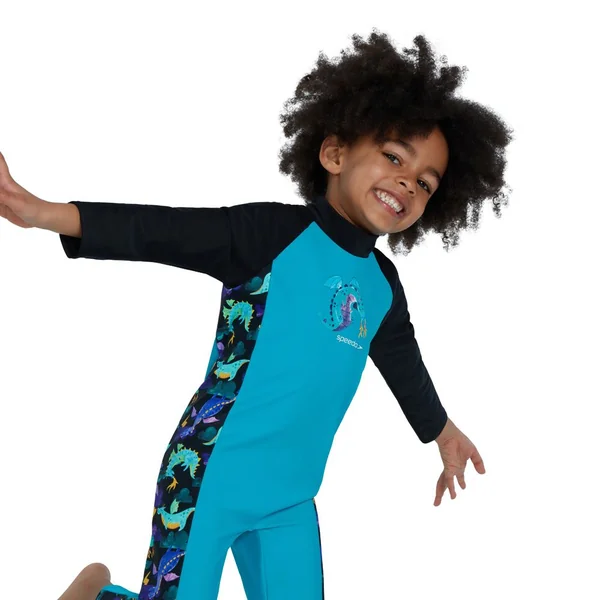 Speedo Boys Printed Panel Long Sleeve All-In-One Sun Suit - Blue/Black/Multi
