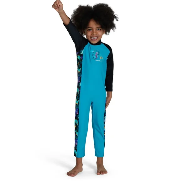 Speedo Boys Printed Panel Long Sleeve All-In-One Sun Suit - Blue/Black/Multi
