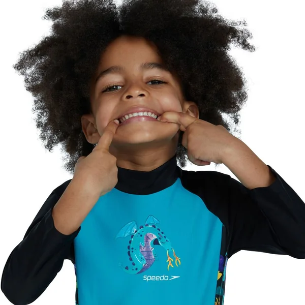 Speedo Boys Printed Panel Long Sleeve All-In-One Sun Suit - Blue/Black/Multi