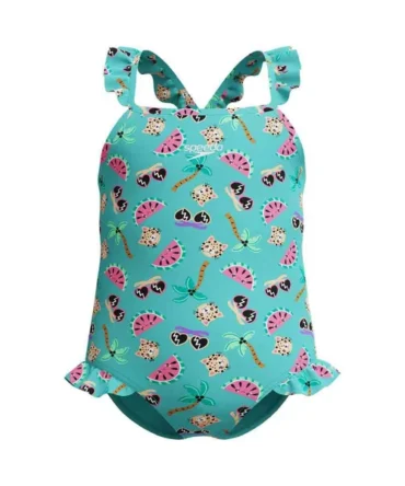 Speedo Girls Digital Frill Thinstrap Swimsuit - Arctic Glass