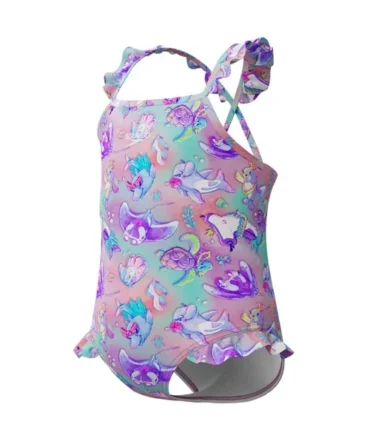 Speedo Girls Digital Frill Thinstrap Swimsuit - Multi/Neon Violet