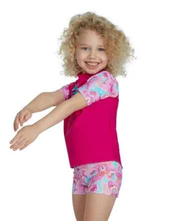 Speedo Girls Short Sleeve Printed Rash Top Set - Pink/Blue