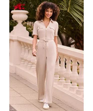Stone Zip Front Drawstring Waist Wide Leg Jumpsuit