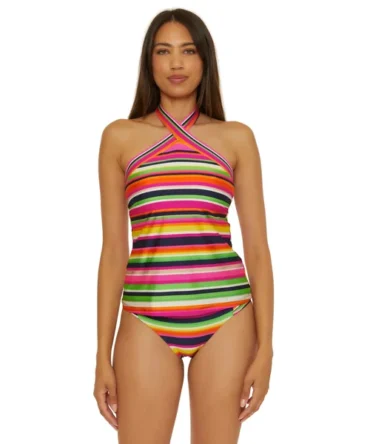 Stripe High Neck Reversible Tankini Top