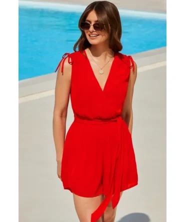 Summer Red Crinkle Tie Shoulder Wrap Playsuit