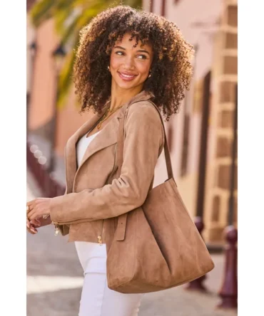 Tan Faux Suede Slouchy Tote Bag