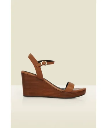 Tan Leather Sandals With Wooden Wedge Heel