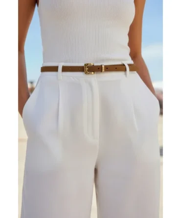 Tan Suede Gold Hammered Buckle Slim Leather Belt