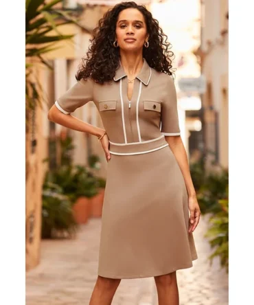 Taupe Contrast Trim Zip Front Dress