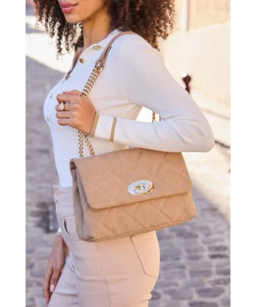Taupe Faux Suede Quilted Clasp Detail Cross Body Bag