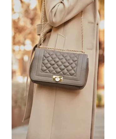 Taupe Leather Quilted Shoulder Bag