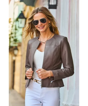 Taupe Zip Front Round Neck Leather Jacket