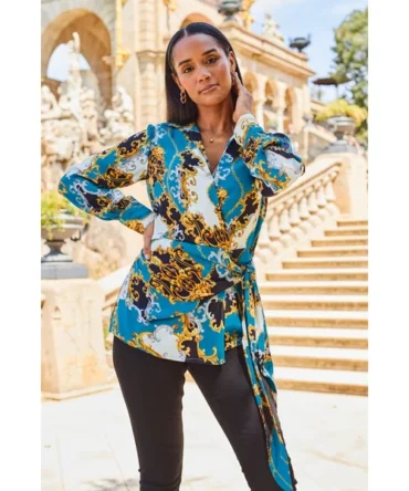 Teal Multi Print Wrap Front Top