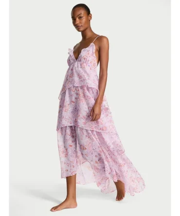 Vintage Blossom Chiffon Ruffled Maxi Dress