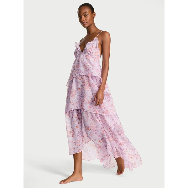 Vintage Blossom Chiffon Ruffled Maxi Dress