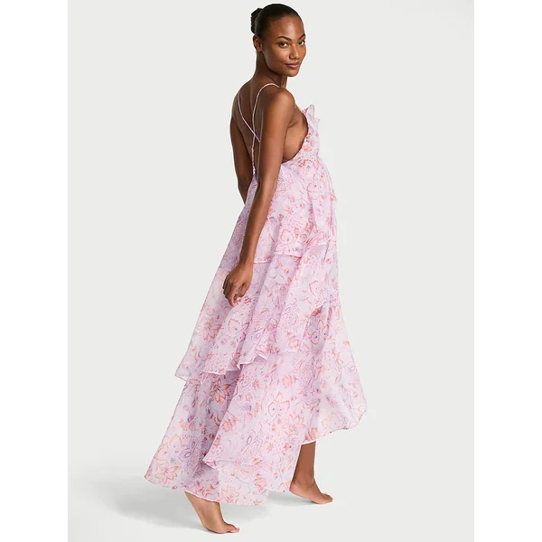 Vintage Blossom Chiffon Ruffled Maxi Dress