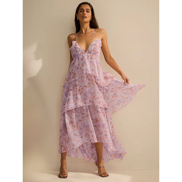 Vintage Blossom Chiffon Ruffled Maxi Dress