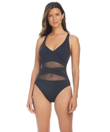 V-Neck Mesh One Piece Swimsuit